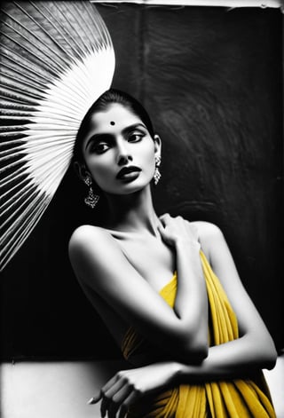 (Art photography,  masterpiece) ((monochrome photography,  black/white)indian yellow background) ( female act model in museum atmosphere,  in the style of Man Ray) dark  palette, high resolution and contrast and colour contrast,  intricately textured and extremely subtle detailed,  detailmaster2,  side-light,  ultra quality,  fine artwork