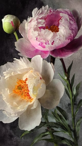 A dramatic All-Peony Plant Collage, of different papers, different looks, different colours, intricately textured, structured and detailed,  deep focus, deep contrast, clear outlines, detailmaster2,  backlight,  dark palette,  ,aw0k collage,digital painting,oil paint,ink ,ink art,Pomological Watercolor,watercolor,sketch