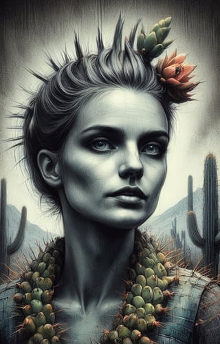 A charcoal ink coloured drawing of Saguaro cacti, high resolution and contrast and colour contrast,  dark palette,  intricately textured and extremely expressively detailed, detailmaster2,  fine artwork,  ultra quality,  epic view ,CharcoalDarkStyle,charcoal drawing,ink art,line art illustration