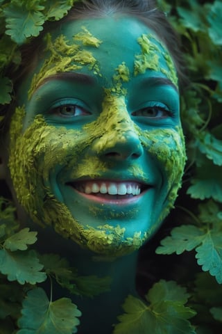 The face of a laughing beauty masked with a crust  of parsley,thyme and sage on the face  with a bioluminescent effect, high resolution and contrast and colour contrast,  intricately textured and extremely detailed,  detailmaster2,  side-light,  ultra quality,  dark  vivid palette , light-chartreuse/teal luminescent background, blush middleground
 ,LuminescentCL