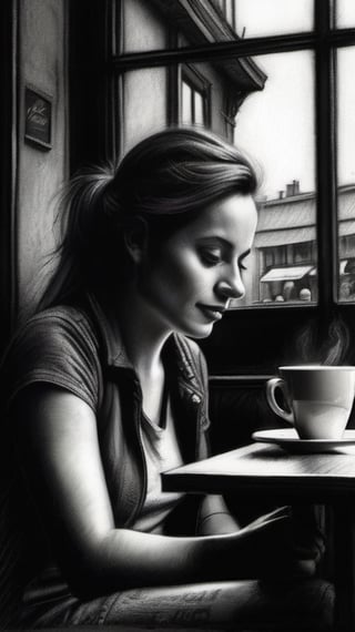 A charcoal  pencil colored drawing of 1 woman day dreaming  while sitting in a cafe ,   dark palette,  high resolution and contrast,  intricately textured and detailed,  best quality,  fine artwork,  side-light ,charcoal drawing,CharcoalDarkStyle,hatching with black pencil