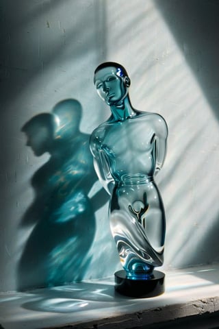  (photographic artwork, masterpiece) ((monochrome  image 50s style black and white and teal, azure and yellow and ray tracing shadows), evening  side- view of  1 translucent abstract glass statuette on a windowsill throwing complicated  distorted shadows on a wall and the windowsill in the photographic style of Andre Kertesz, moody dark palette, side- light, ray  tracing shadows, transparent  fading,  resolution and contrast and colour contrast,  intricately textured and extremely subtle detailed,  detailmaster2,  side-light, ultra  quality,  fine artwork 