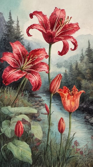 A pomological but lively watercolour of 3 dark red spotted and 1 american Turk's-cap lily on creme aquarel paper  , dark palette, intricately detailed painted and textured,  deep focus, high colour contrast, high contrast and resolution,  ultra quality ,Pomological Watercolor,watercolor,wtrcolor style,ink ,ink art