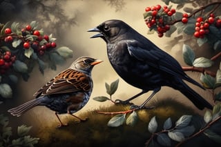 A blackbird meeting  a sparrow under a bush in the garden, moody lighting, dark palette,  high resolution and contrast,  intricately textured and extremely detailed,  detailmaster2,  ray tracing shadows,  side lighting,  ultra quality ,Digital painting ,Leonardo Style,Pomological Watercolor