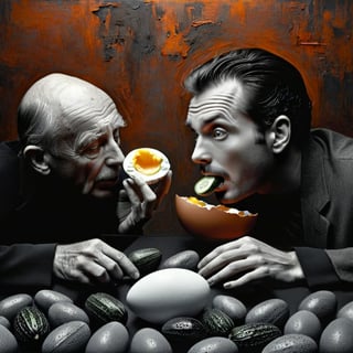 (Art photography,  masterpiece) ((monochrome photography,  black/white) tan /grey /orange background) (a couple of people in a surrealist bar atmosphere play with eggs and cucumbers,  in the style of Irving Penn) dark  palette, high resolution and contrast and colour contrast,  intricately textured and extremely subtle detailed,  detailmaster2,  side-light,  ultra quality,  fine artwork