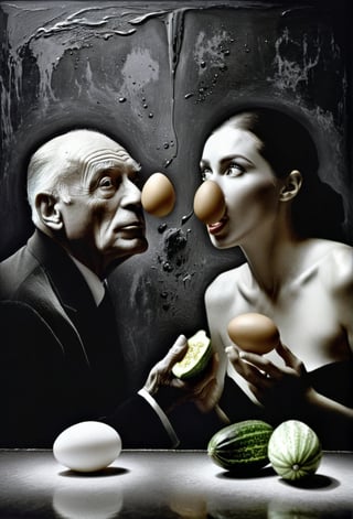 (Art photography,  masterpiece) ((monochrome photography,  black/white) tan /grey  background) (a couple of people in a surrealist bar atmosphere play with eggs and cucumbers,  in the style of Irving Penn) dark  palette, high resolution and contrast and colour contrast,  intricately textured and extremely subtle detailed,  detailmaster2,  side-light,  ultra quality,  fine artwork