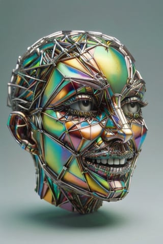 (Line Art), an entanglement of coated wire forming a grinning face, 4k rendered, high quality, detailmaster2,  deep focus,  ,colorful,Rave Metallic Booty Shorts,ral-bismut, lime background 