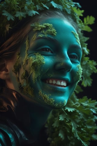 The face of a laughing beauty masked with a crust  of parsley,thyme and sage on the face  with a bioluminescent effect, high resolution and contrast and colour contrast,  intricately textured and extremely detailed,  detailmaster2,  side-light,  ultra quality,  dark  vivid palette , light-scarlet/teal luminescent background, blush middleground
 ,LuminescentCL