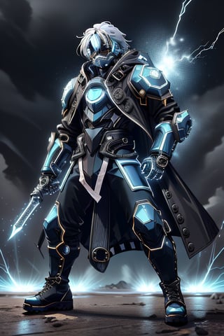 male figure with medium white hair. lean athletic body, ((black long coat jacket)), blue riot armor, ((combat pants, combat boots, blue visor, mouthcover)), blue Tron lines. lightning and electricity sparking around, blue gauntlets, ledarraytech 