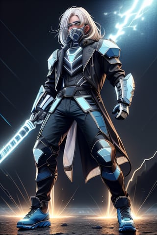 male figure with medium white hair. lean athletic body, ((black long coat jacket)), blue riot armor, ((combat pants, combat shoes, blue visor, mouthcover)), blue Tron lines. lightning and electricity sparking around, blue gauntlets, ledarraytech 