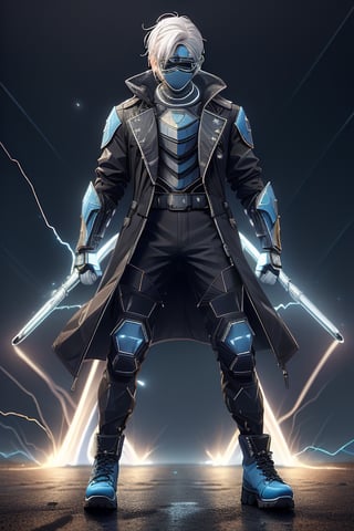 male figure with medium white hair. lean athletic body, ((black long coat jacket)), blue riot armor, ((combat pants, combat boots, blue visor, mouthcover)), blue Tron lines. lightning and electricity sparking around, blue gauntlets, ledarraytech 