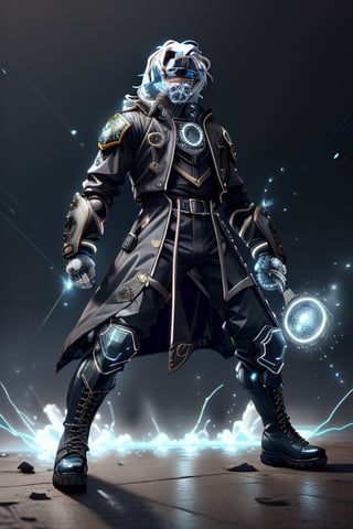 male figure with medium white hair. lean athletic body, ((black long coat jacket)), blue riot armor, ((combat pants, combat boots, blue visor, mouthcover)), blue Tron lines. lightning and electricity sparking around, blue gauntlets, ledarraytech 