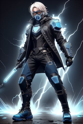 male figure with medium white hair. lean athletic body, ((black long coat jacket)), blue riot armor, ((combat pants, combat boots, blue visor, black mouthcover)), blue Tron lines. lightning and electricity sparking around, blue gauntlets, ledarraytech 