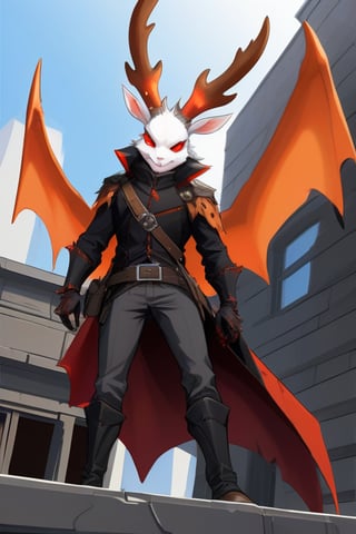 male demonic jackalope, assassin black gear, red-orange bat_wings, teenager, demonic red tail, revolver, dagger, white hair, orange trim, full body image, bucked incisors, hellish realm, elk horns, red-orange eyes, atop a building, pointy_teeth, prehensile claws