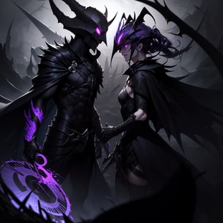 "Amidst a twisted realm of eternal twilight, Noxvael stands as the ominous embodiment of the void's malevolent power. A fusion of chilling darkness and chaotic energy, he resembles a haunting fusion of the Batman Who Laughs and Harley Quinn, draped in a cloak of black matter akin to Kha'zix's death star concept. His eyes, ablaze with otherworldly violet flames, pierce through the shadows with an unsettling intensity.

In the heart of this eerie landscape, Noxvael's scythe gleams with an ethereal light, casting an eerie glow that paints the land in surreal shades of purple and black. A reflection of his true nature, the scythe serves as both an instrument of destruction and a conduit for his mastery over the void's power.

Surrounded by the remnants of a fractured reality, Noxvael engages in a tense conversation with an enigmatic figure. Shadows dance around them, whispering secrets and veiling their motives. A distorted fusion of light and darkness forms a backdrop that mirrors the complexity of their alliance, with intricate patterns swirling like cosmic mysteries waiting to be unraveled.

As Noxvael and his unlikely ally confront each other amidst this spectral landscape, the veiled truths of their shared past unravel, weaving a tale of cosmic power, shattered destinies, and the unquenchable thirst for vengeance that binds them together. The air is thick with uncertainty, mirroring the enigmatic essence of Noxvael himself."