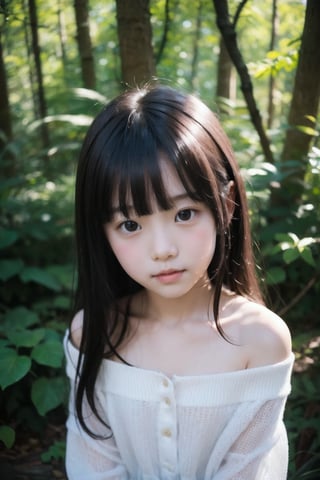 主：(Deep in the woods),(((face photo))),
人：1litte 1kid 7yo gril (Child:1.2), Korean beauty,
優：With a very high artistic composition style,Film photo texture,
體：[[breast:1.3]],
髮：(long hair),(((bangs))), 
服：Off-the-shoulder,(Open collar tulle shirt),