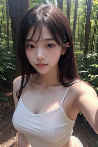 (((deep in the woods))),((looks at viewer)),(focus on the face),(close to the camera, close to the audience),
人：a korean girl,Pure and lovely korean girl,(Korean actress Lim Yoona),(low cut),
優：(((16K texture structure))),
頭：(bangs),
服：(((Spaghetti strap sleeveless sheer shirt))),(((completely sheer spaghetti strap shirt))),