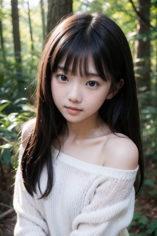 主：(Deep in the woods),(((face photo))),
人：1litte 1kid 7yo gril (Child:1.2), Korean beauty,
優：With a very high artistic composition style,Film photo texture,
體：[[breast:1.3]],
髮：(long hair),(((bangs))), 
服：Off-the-shoulder,Open collar tulle shirt,Off-the-shoulder lace,