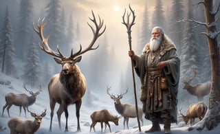 masterpiece, professional artwork, famous artwork, fantasy class, Druid old man, silver long beard, mistical wild animals around, huge elk hear in background