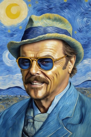 v0ng44g, p14nt1ng, fabulous painting of jack nicholson paiting with sunglasses, van gogh style