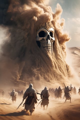 breathtaking, mediaeval battlefield, many Arabic warriors engaged in battle, fight to the death, ((gigantic ghost made from whirlwind of smoke and sand:1.9)) (detailed face:1.5), Arabian folklore, cinematic bottom up shot, digital artwork, illustrative, painterly, matte painting, highly detailed