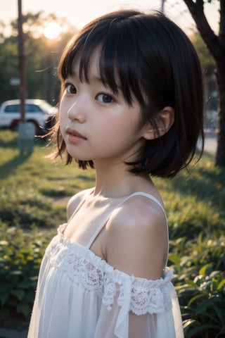 主：(Misty woods under sunset),(((face photo))),(from the side),
人：1litte 1kid 7yo gril (Child:1.2), Korean beauty,
優：With a very high artistic composition style,Film photo texture,
髮：(((bangs))),(((bright short hair))),
服：Off-the-shoulder,Open collar sheer tulle,