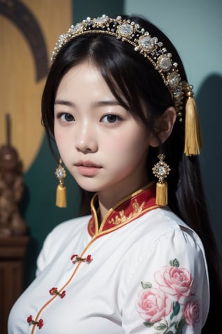 人：chinese noble, woman wearing a chinese outfit, 
優：in the style of hyperrealistic paintings, 32k uhd, dark white and light white, anime art, elaborate beadwork, exaggerated facial features, mural painting,