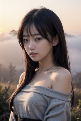 主：(((Fog forest with golden sunset))),
人：masterpiece, 8k, ((from front)), portrait, upper body, cute, detailed face, beautiful detailed eyes, girl, loli, happy, mad, red lips, bangs, very long hair, strong eyebrows, bare shoulders, (blush), (embarrassed),
服：Samurai Shodown,(red off-shoulder shirt), 