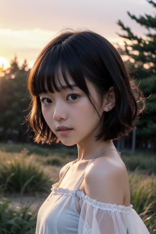 主：(Misty woods under sunset),(((face photo))),(from the front side),
人：1litte 1kid 7yo gril (Child:1.2), Korean beauty,
優：With a very high artistic composition style,Film photo texture,
髮：(((bangs))),(((bright short hair))),
服：Off-the-shoulder,Open collar sheer tulle,