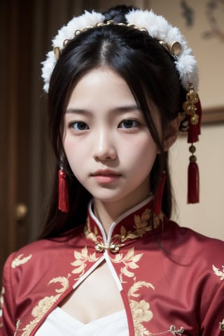 人：chinese noble, woman wearing a chinese outfit, 
優：in the style of hyperrealistic paintings, 32k uhd, dark white and light white, anime art, elaborate beadwork, exaggerated facial features, mural painting,