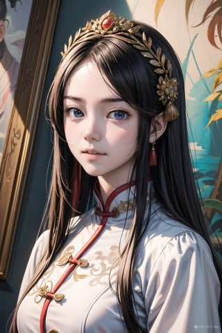 chinese noble, woman wearing a chinese outfit, in the style of hyperrealistic paintings, 32k uhd, dark white and light white, anime art, elaborate beadwork, exaggerated facial features, mural painting