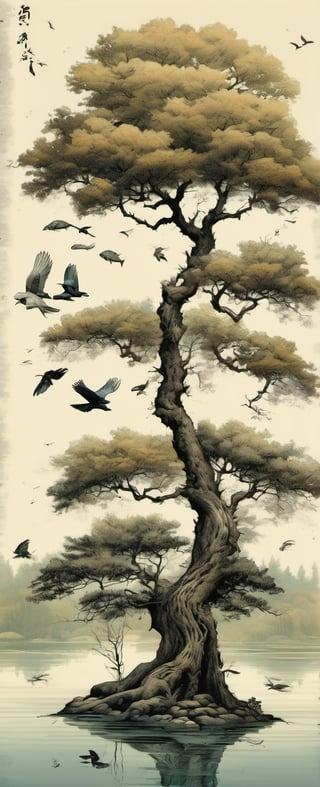 ink scenery, no humans, lake, trees, 1 big tree, muted colors, realistic, birds, fish in water