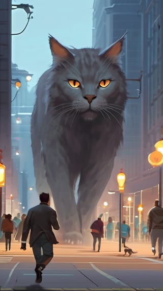 giant gray cat walking on the city , city, terrified people, people running away from the giant cat, muted colors, realistic, high quality