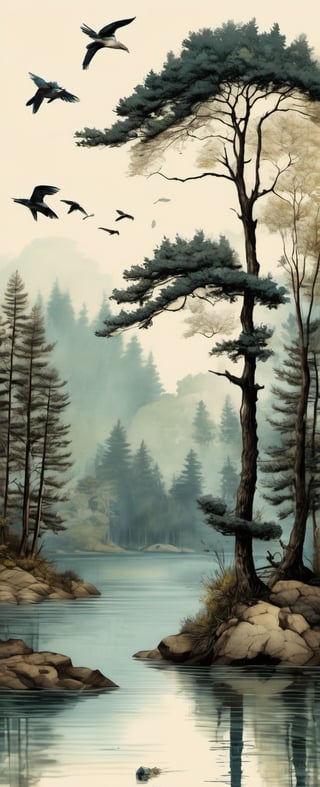 ink scenery, no humans, lake, trees, 1 big tree, muted colors, realistic, birds, fish in water