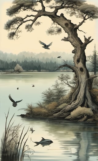 ink scenery, no humans, lake, trees, 1 big tree, muted colors, realistic, birds, fish in water