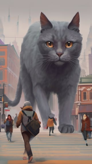 giant gray cat walking on the city , city, terrified people, people running away from the giant cat, muted colors, realistic, high quality