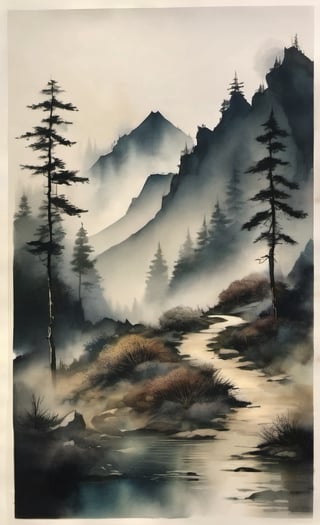 ink scenery, no humans, path towards a mountain, tree, scenery, nature, outdoors,fog, muted colors, realistic atmosphere