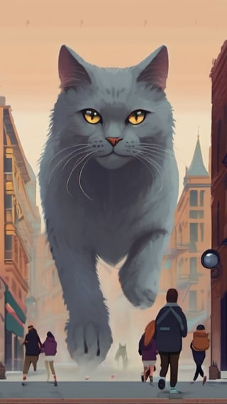 giant gray cat walking on the city , city, terrified people, people running away from the giant cat, muted colors, realistic, high quality