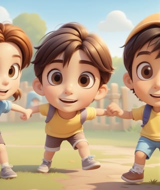 Some children playing a ground,  highly  highlighted a boy and a girl  playing together,  some  children  playing games  and some  standing in their,  the back ground is villagers,   highly highlighted  eyes, good looking boy and the girl, cute face, bid actractiv eyes, good finger postichera, highly  highlighted finger,  highly highlighted leg's,  high resolution, cartoon character style, 8k resolution, ar--3:2.