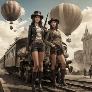 multiple girls, hat, weapon, multiple boys, scenery, science fiction, 6+boys, top hat, city, US Flag aircraft, train, [nsfw], ultrarealistic, antiquated, gears, dirigibles, battle_hot_air_balloon, (sepia:0.24), 