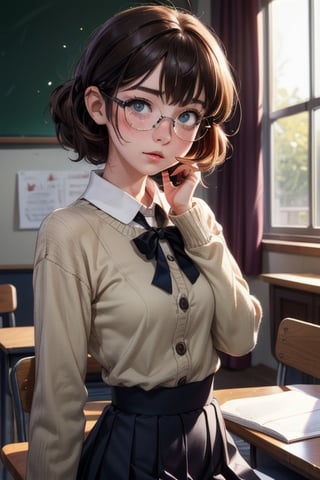 a 17years old, french girl, 1girl, (((17yo))), (((bautiful))), ((lolicon)), beatiful, Charlie 17years old, Slim short, slim body, small breasts, big nipples, short, wavy brown hair, glasses, nerdy appearance. green eyes, freckles on the cheeks, white skin Intellectual, curious, always with a book in hand. She has an intellectual and vintage style, wearing pleated skirts, blouses with Peter Pan collars and cardigans. (totale dark background), 1girl, masterpiece, best quality, high resolution, 8K, HDR, bloom, raytracing, detailed shadows, bokeh, depth of field, film photography, film grain, glare, (wind:0.8), detailed hair, beautiful face, beautiful girl, ultra detailed eyes, cinematic lighting, (hyperdetailed:1.15), , little_cute_girl, 1girls, in the classroom,ahehalf