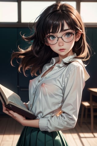 a 17years old, french girl, 1girl, (((17yo))), (((bautiful))), ((lolicon)), beatiful, Charlie 17years old, Slim short, slim body, small breasts, big nipples, short, wavy brown hair, glasses, nerdy appearance. green eyes, freckles on the cheeks, white skin Intellectual, curious, always with a book in hand. She has an intellectual and vintage style, wearing pleated skirts, blouses with Peter Pan collars and cardigans. (totale dark background), 1girl, masterpiece, best quality, high resolution, 8K, HDR, bloom, raytracing, detailed shadows, bokeh, depth of field, film photography, film grain, glare, (wind:0.8), detailed hair, beautiful face, beautiful girl, ultra detailed eyes, cinematic lighting, (hyperdetailed:1.15), , little_cute_girl, nipples, 1girls,