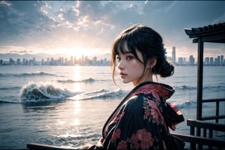 A award winning photography of a beautiful Japanese woman, she is wearing a kimono with insane detailed waves patterns, she posing on the side,  looking at far distance above, in the background the are mist surrounding the futuristic Japanese city, the time is midnight, futuristic building that contrasting with her kimono,High detailed,(dynamic pose), ,High detailed ,asian girl,FFIXBG,midjourney,LOFI,1 girl