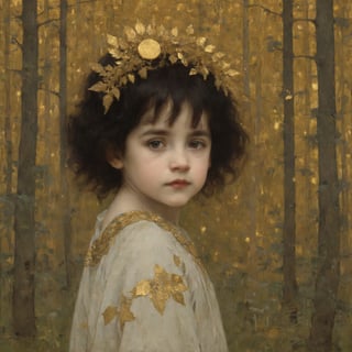 a forest scene of a little dark haired girl with a shining goldleaf halo by gustav klimt