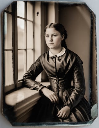 wet plate photograph of a bored young woman looking out a window. (seated, full body image, elbow on window sill, chin resting in hand, looking away), natural daytime lighting, (scuffed photo surface, scratches, delamination), shallow depth of field, sharp face focus, dagtime