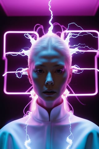 ashionable portrait of Scary ghost::Lighting and electrical current, Tesla coils and lightening, Japan, neon light, minimalistic design, futuristic, smooth forms, minimal details, givenchy, film still from Wes Anderson, photograph, vogue, photoreal, 200mm, HD, f/ 2. 0, highly detailed, accurate