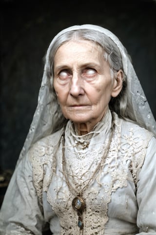 daguerreotype photograph, head and shoulders potrait, of a frail old woman, long tangled white hair, intricate lace dress, white high-necked blouse with a high neckline