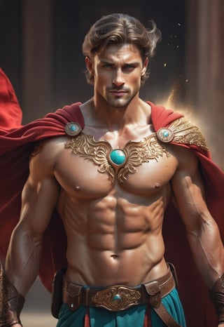 (one male), (cowboy-shot), (looking at viewer). Very detailed manly face, heroic, detailed realistic open turquoise eyes, (muscular bodybuilder:1.2), narrow waist and hips, (long ash brown hair), (slight smile). spartanarmor, red cape, shoulder armor, cape clasp, loincloth, sandals Ancient Spartan market. High Contrast, High Saturation, Highly detailed, high quality, masterpiece, ethereal, particle effect, (dust, gust of wind:1.07), volumetric light, light rays, gold filigree, vibrant colors, depth of field.
