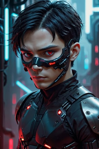 solo, short hair, black hair, 1boy, red eyes, male focus, mask, portrait, realistic, cyberpunk