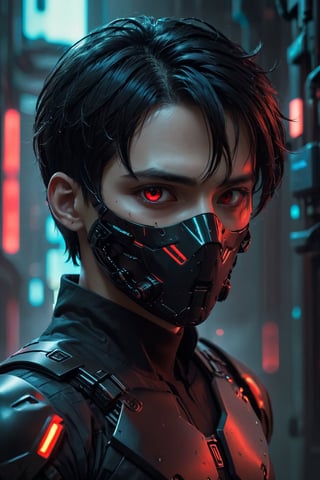 solo, short hair, black hair, 1boy, red eyes, male focus, mask, portrait, realistic, cyberpunk